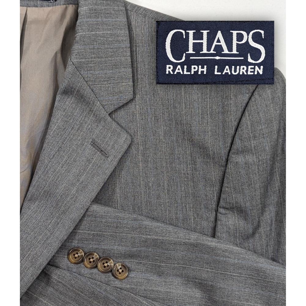 Chaps Ralph Lauren Blazer Suit Jacket Wool Cashmere Gray Pinstripe 44R Big Wide